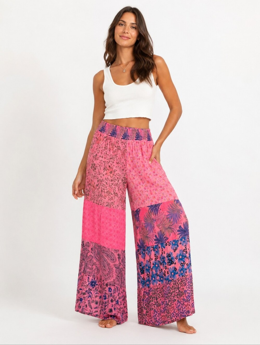 Earthbound Wide Leg Cotton Boho Pants Pink Blue Floral Tiered XL NWT